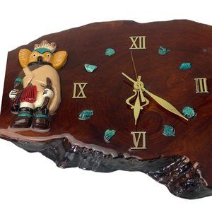 Vintage 1970’s  Varnished Cypress Knee Slab Kachina Clock W/ Turquoise Stones